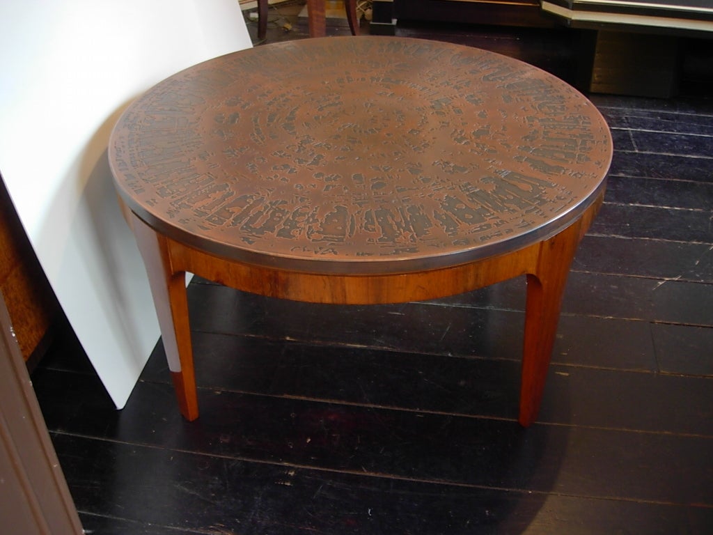 round palissandre coffee table with patined copper tabletop circa 1960