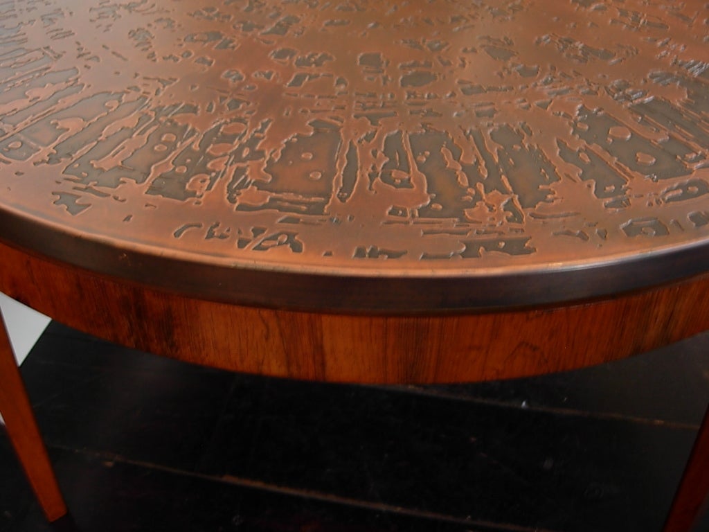 Danish Round Palissander Table with Patinated Copper Table Top circa 1960 For Sale