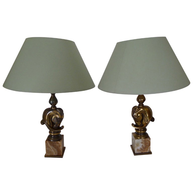 A Pair of Bronze Head Horse Lamps For Sale