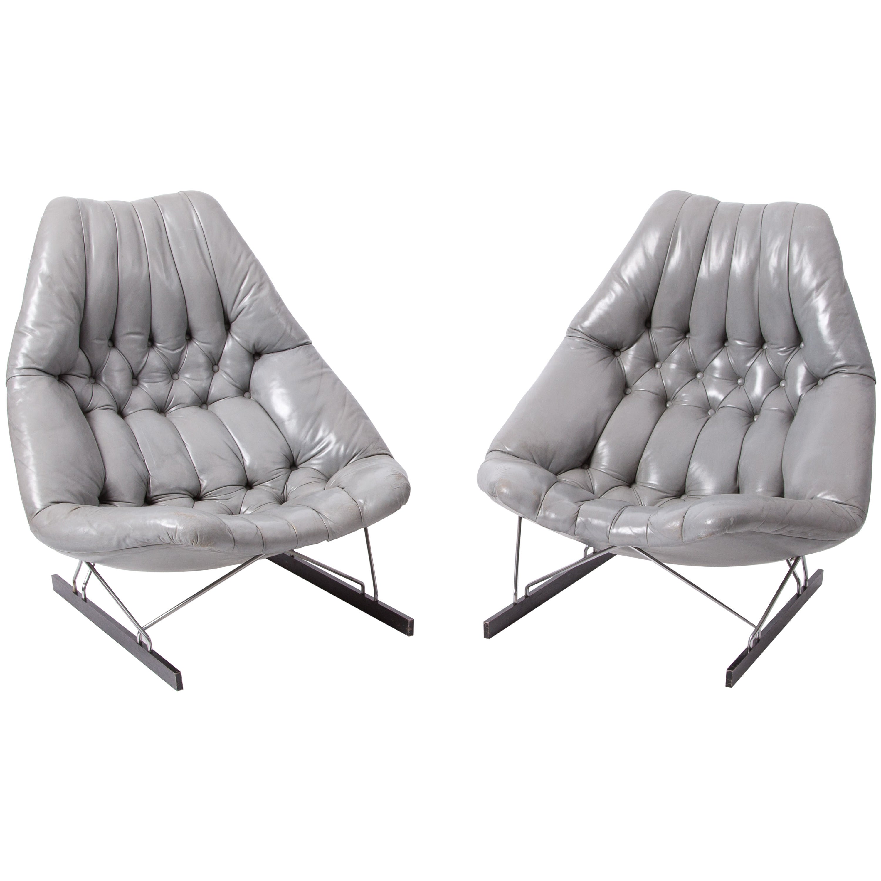 Set of Geoffrey Harcourt Chairs in Grey Leather for Artifort For Sale
