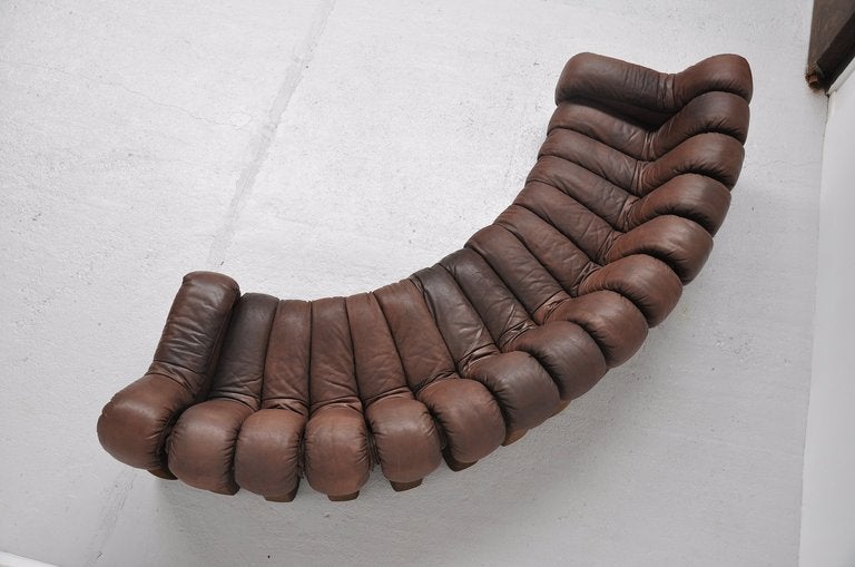 Cool sofa from DeSede DS600 also called 'Snake' sofa. This sectional sofa contains 15 pieces in fantastic chocolate brown leather and brown fabric.This sofa is designed by a designer team from De Sede that included Ueli Berger, Elenora Peduzzi-Riva,