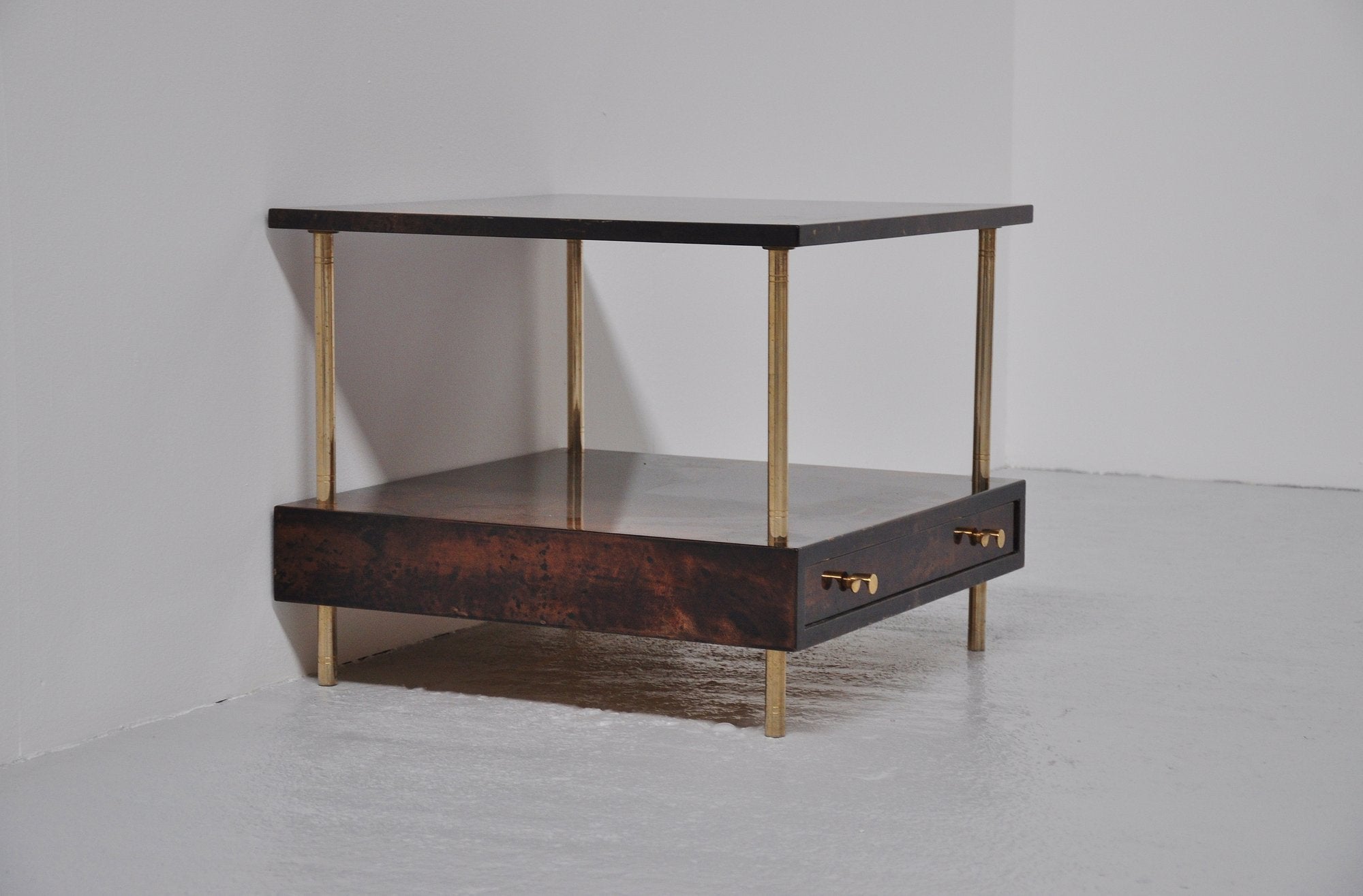 Aldo Tura Brown Lacquered Boat Skin Drawer Table Italy 1950