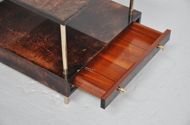 Italian Aldo Tura Brown Lacquered Boat Skin Drawer Table Italy 1950