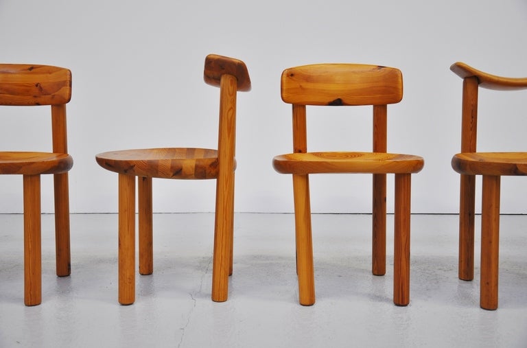 Fantastic set of dining chairs designed by Rainer Daumiller for Hirtshals Sawmill, Denmark 1970. These fantastic grained pine chairs are most definately inspired by the designs of Carlotte Perriand and Pierre Chapo. The chairs have organic shapes,