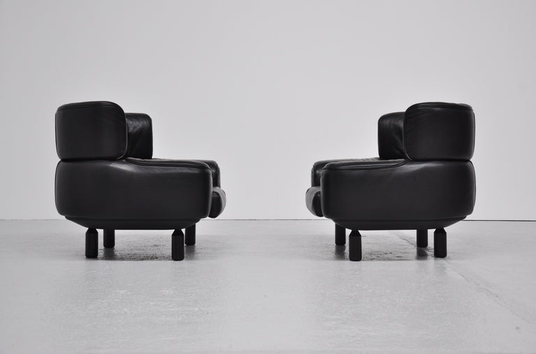 Gianfranco Frattini Bull club chairs pair in black leather, Italy 1987 2