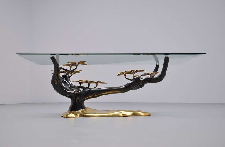 Late 20th Century Willy Daro Brass and Black Coffee Table in Tree Form 1970