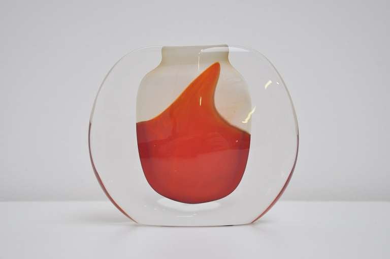 Free-blown and formed colorless glass by Floris Meydam with red and white inside. This one-off vase is signed and numbered and in perfect condition. Highly decorative piece of glass.

Floris Meydam (1919 – 2011) has designed lots of glass objects
