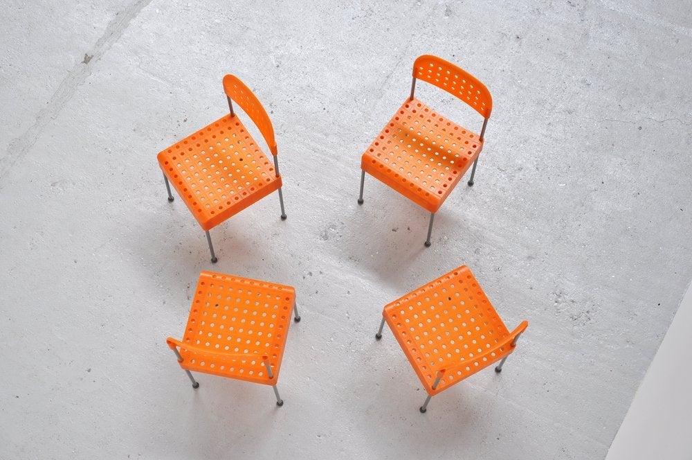 Very nice box chairs originally designed by Enzo Mari for Castelli in 1971. Later on a liminted production was made by Driade/Aleph from 1990-1995 thats where these are from. They come from an old stock and are new in the original bags, unused. The