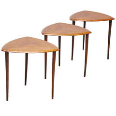 Danish Side Table Set of 3 1950 triangular shaped / walnut