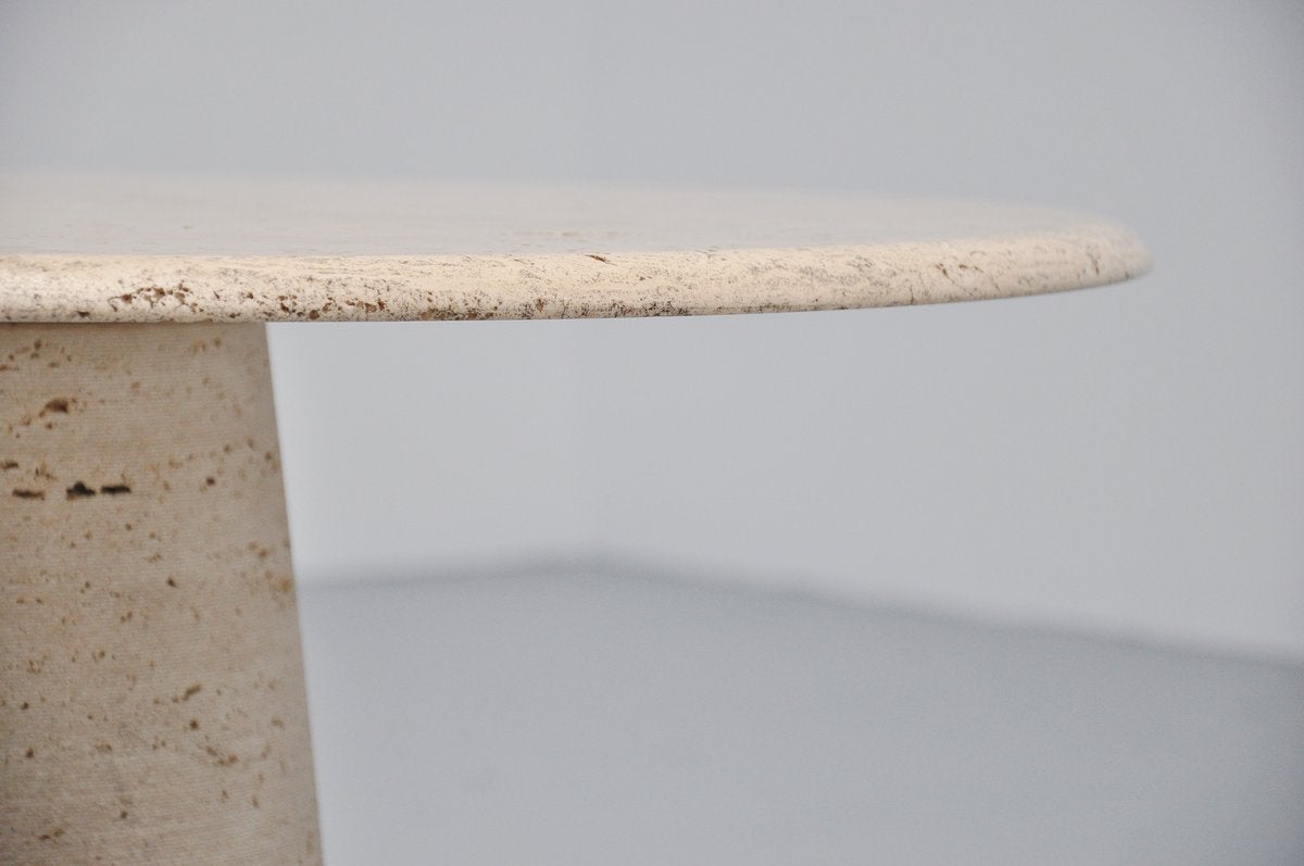 Very nice shaped small coffee table in the manner of Angelo Mangiarotti, Italy, 1970. Solid travertine table, conical shaped base with very nice finished top. Nice structure to the travertine. Easy to ship cause the top can be removed from the base.