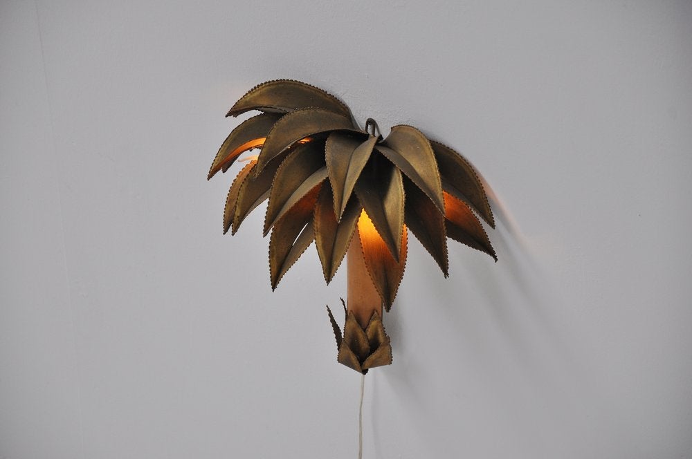 Late 20th Century Maison Charles Style Brass Palm Tree Wall Lamp