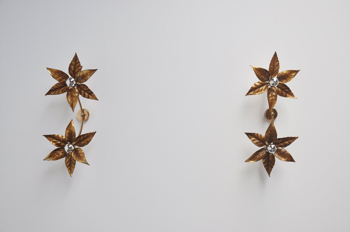 Brass Willy Daro Attributed Double Flower Sconces, Belgium 1970