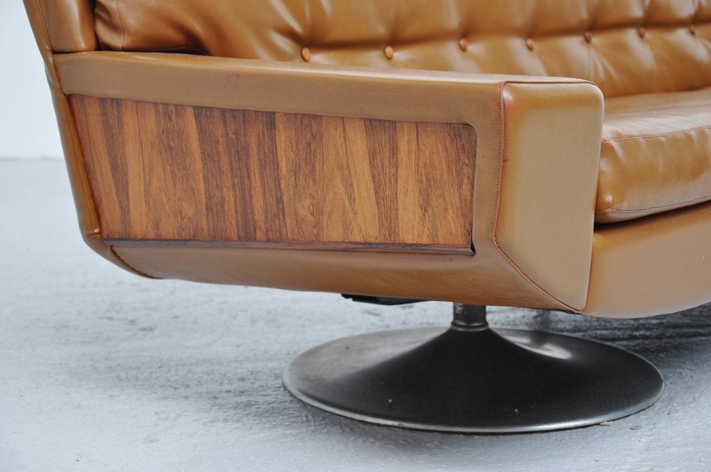 Dutch Topform Camel Colored Leather Sofa With Rosewood Details