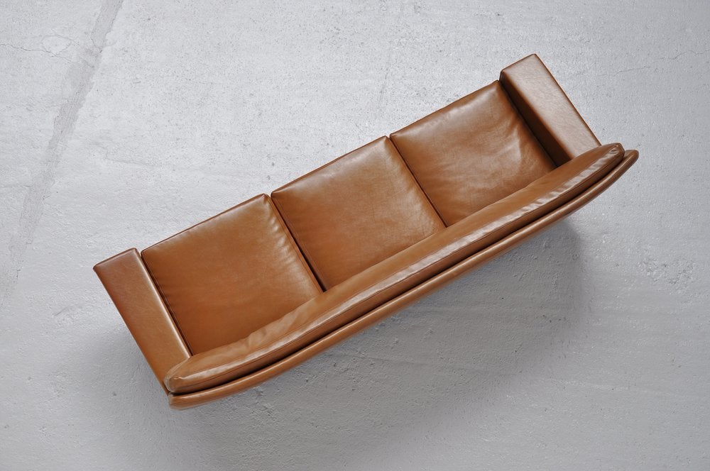 Late 20th Century Topform Camel Colored Leather Sofa With Rosewood Details