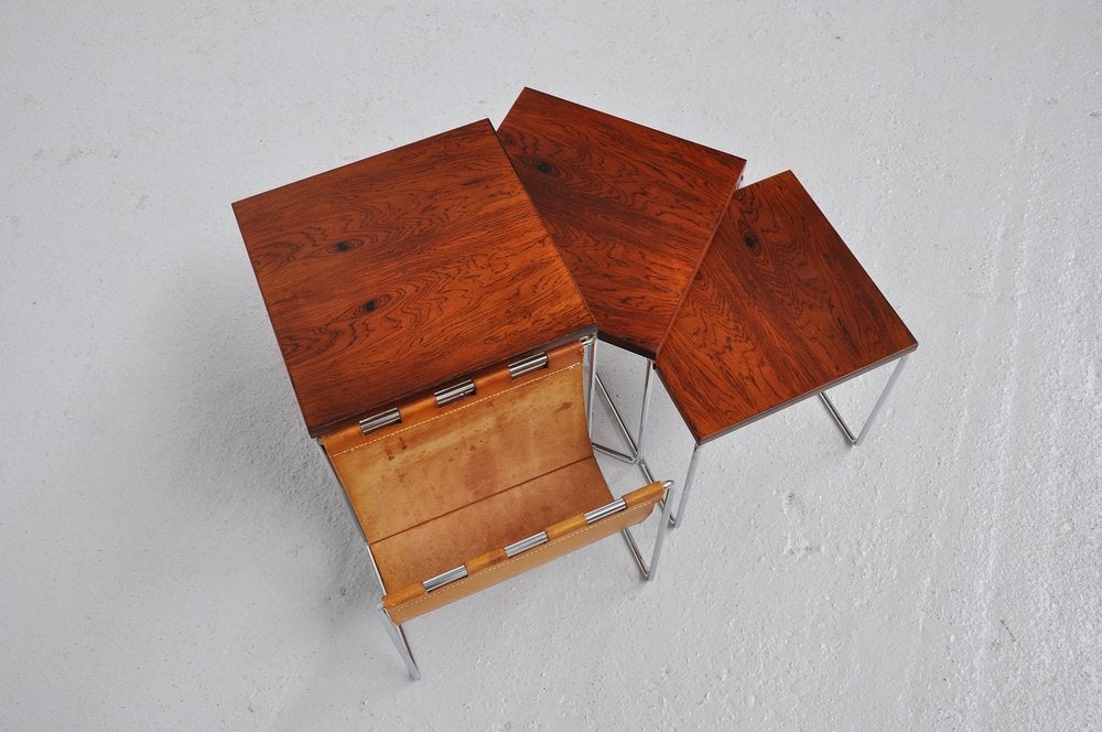 Rosewood Nesting Table Set And Leather Magazine Holder Kjaerholm