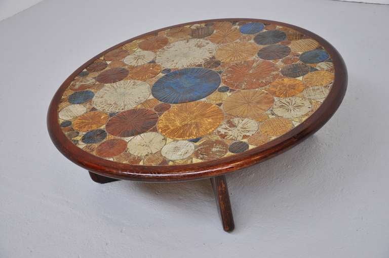 Danish Tue Poulsen Ceramic Art And Wood Coffee Table Colored Tiles Denmark 1960