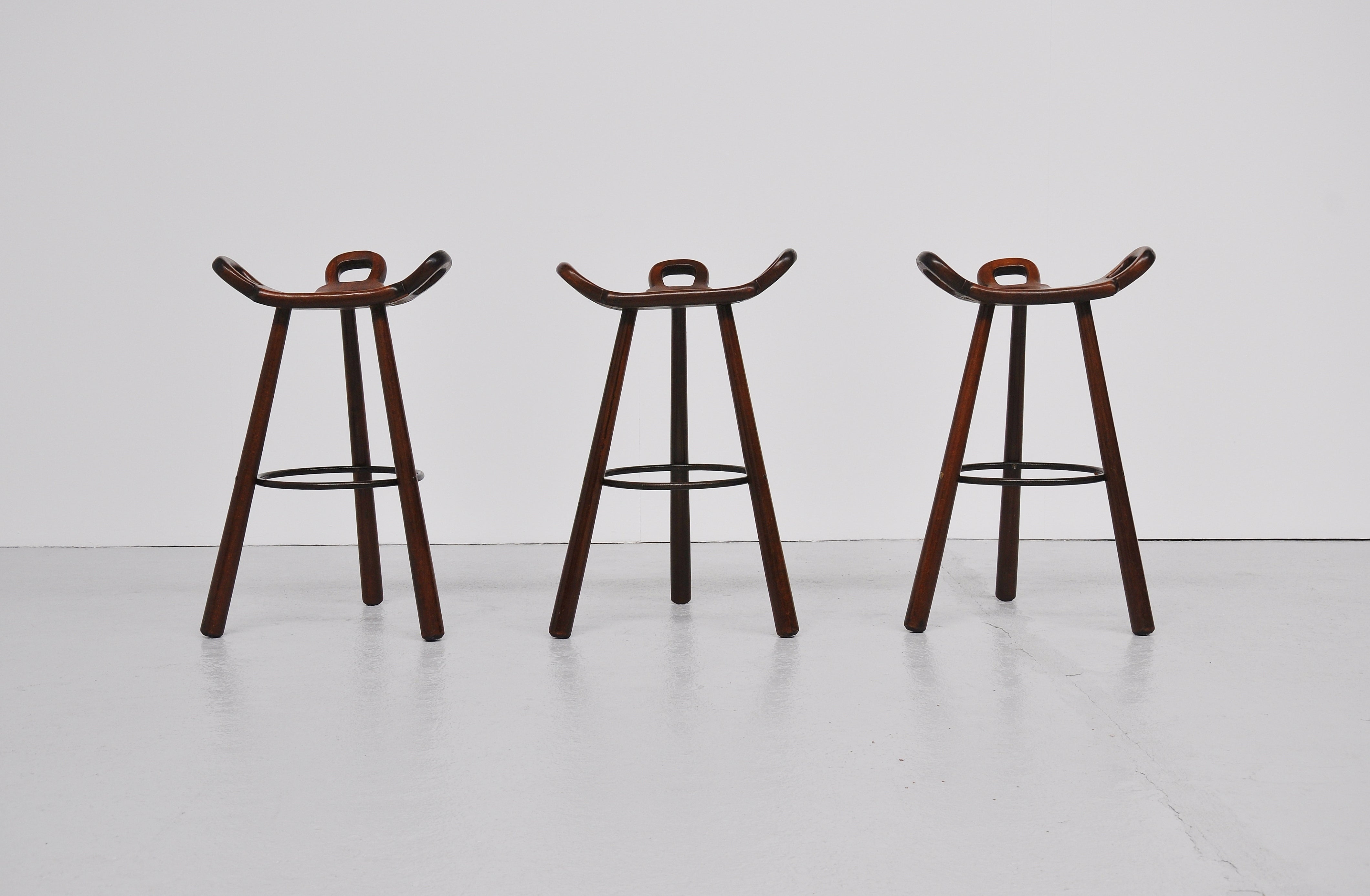 Spanish Brutalist Bar Stools In Stained Oak Set Of 3, Spain 1950