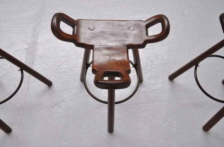 Mid-20th Century Spanish Brutalist Bar Stools In Stained Oak Set Of 3, Spain 1950