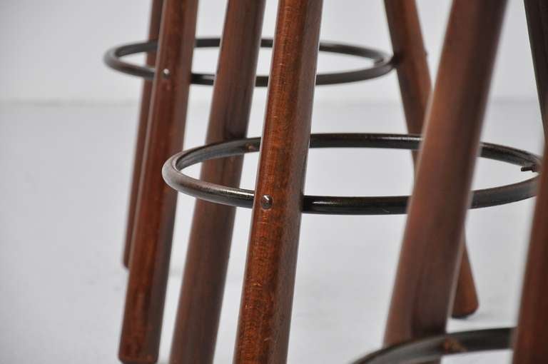 Spanish Brutalist Bar Stools In Stained Oak Set Of 3, Spain 1950 1