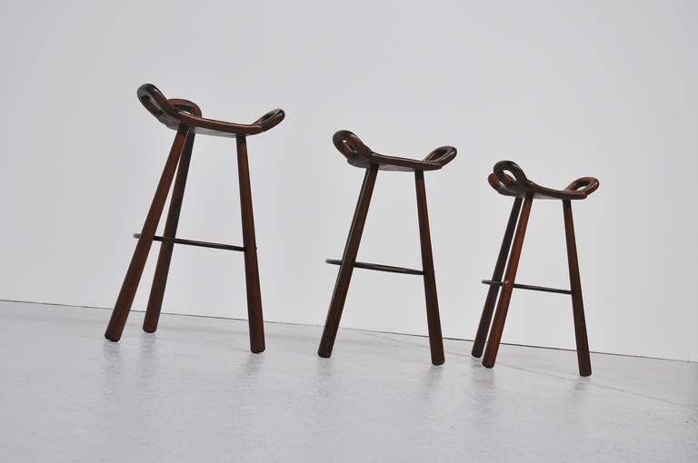 Spanish Brutalist Bar Stools In Stained Oak Set Of 3, Spain 1950 3