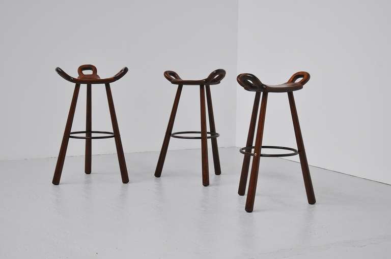 Spanish Brutalist Bar Stools In Stained Oak Set Of 3, Spain 1950 4