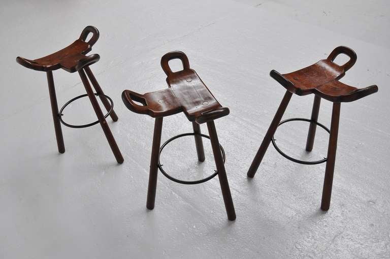 Spanish Brutalist Bar Stools In Stained Oak Set Of 3, Spain 1950 5