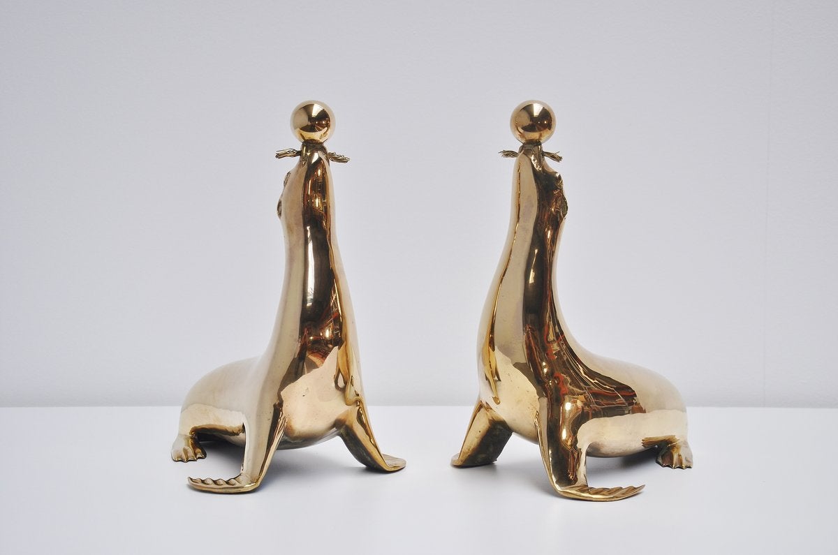 Late 20th Century Solid Bronze Seal Shaped Bookends, Belgium 1970