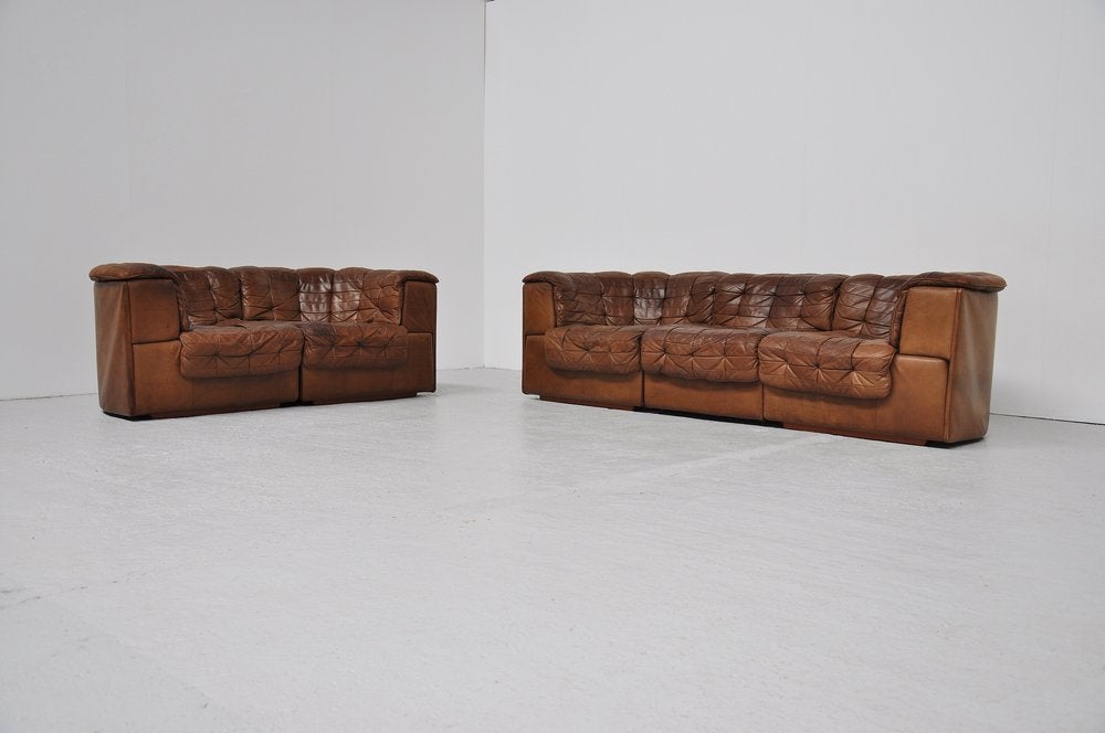 Swiss De Sede DS11 Patchwork Element Sofa Pair in Brown Leather