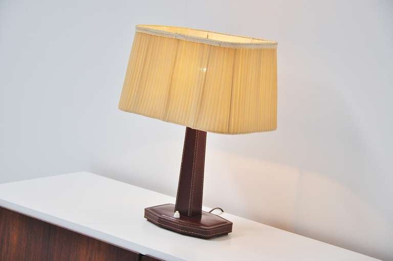 Jacques Adnet Hermes Attributed Leather Table Lamp Brown 1950 3