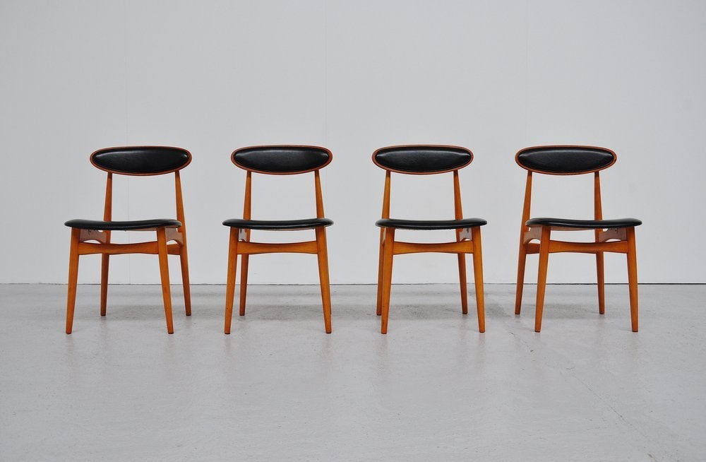 Norwegian dining chairs set of 4 in beech and black vynil at 1stdibs