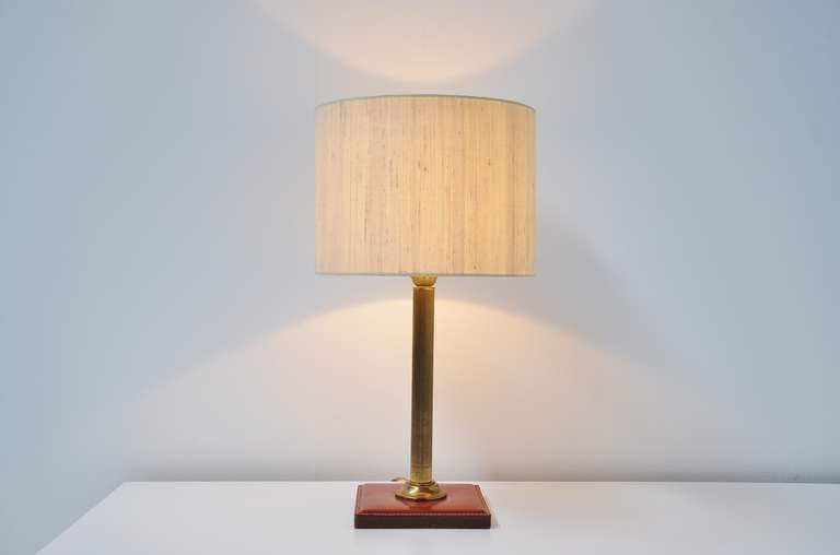 Jacques Adnet Hermes Attributed Brown Leather Table Lamp 1950