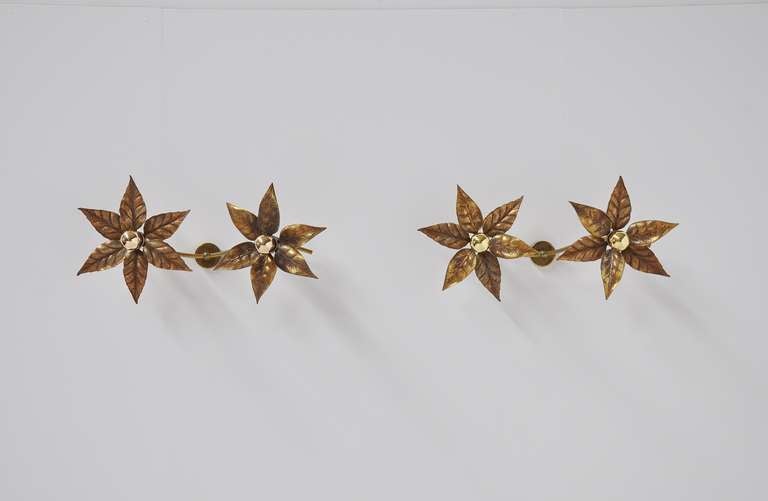 Brass Willy Daro Flower Sconces Pair Belgium 1970