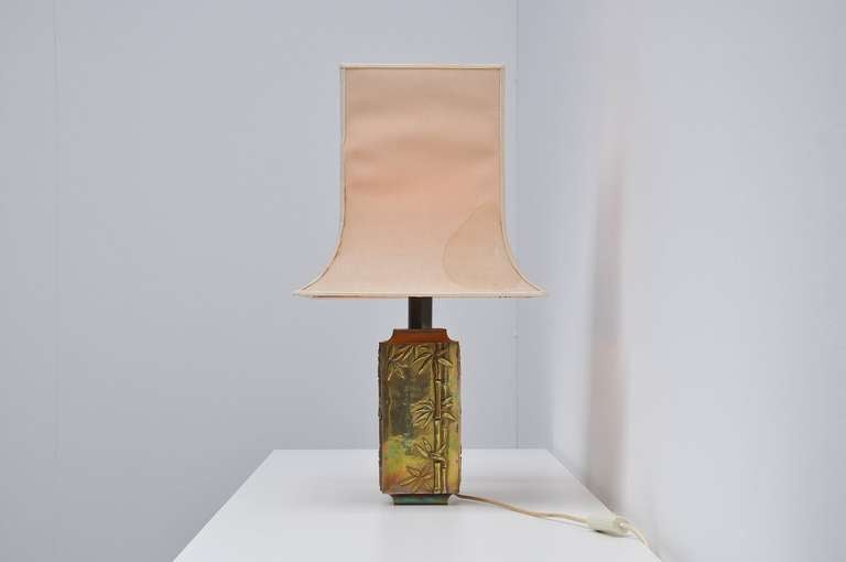 French Pragos Brass Table Lamp with Bamboo Leaves, France, 1970