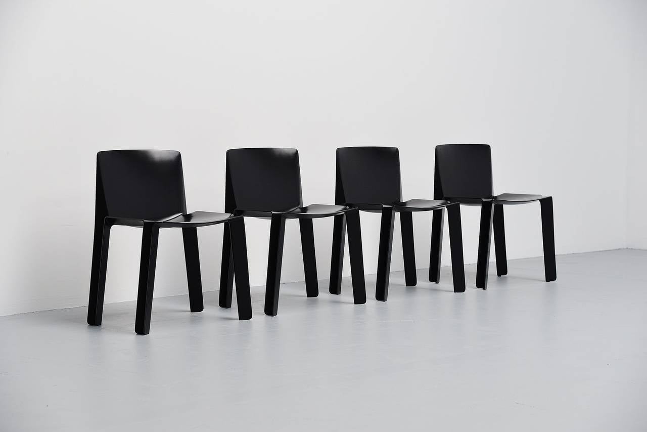 Very nice chairs designed by Piero De Martini and Fois Falconi for C&B Italia in 1970. These chairs are made of molded black plastic and they are stackable. They have an amazing shape. Marked at the bottom accordingly.

Please contact us for