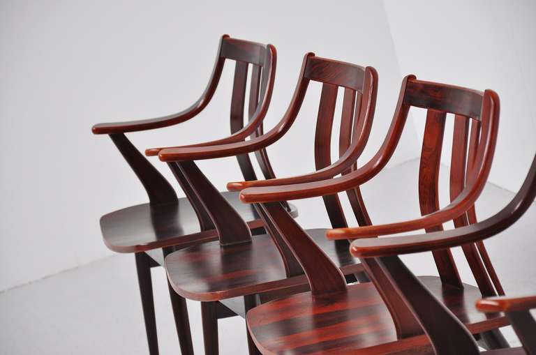 Mid-20th Century Rosewood Dutch plywood chairs 1960 in the manner of Hans Brattrud