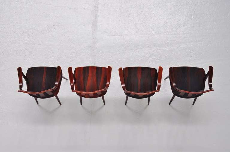 Rosewood Dutch plywood chairs 1960 in the manner of Hans Brattrud 1