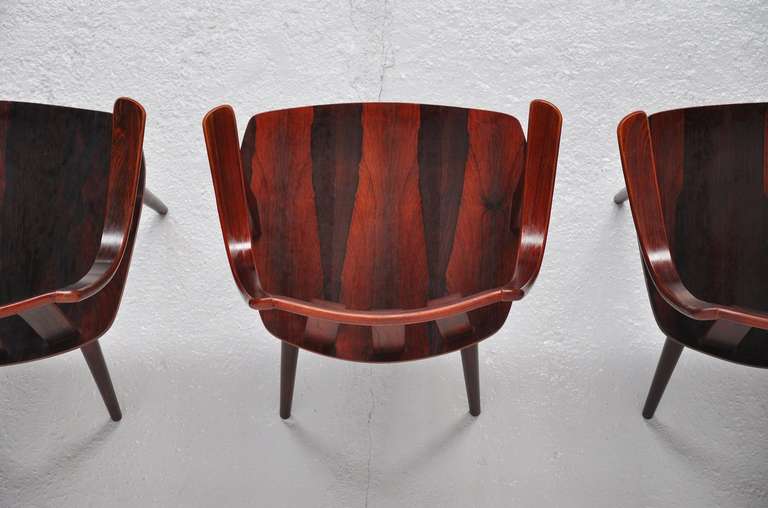 Rosewood Dutch plywood chairs 1960 in the manner of Hans Brattrud 2