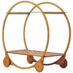 Dutch Plywood Round Tea Cart Woven Tray And Glass 1950