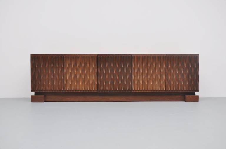Late 20th Century Belgian Brutalist Credenza in Solid Oak with Graphic Doors