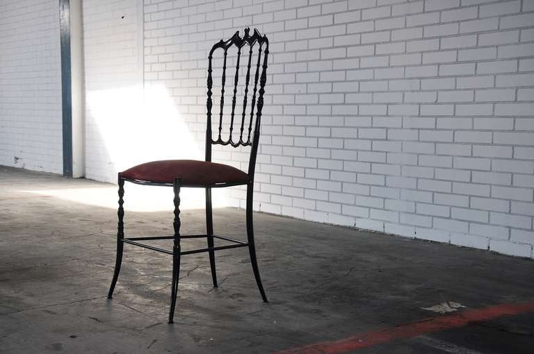 Brass Italian Chiavari Side Chair in Black with Red Upholstery, 1950