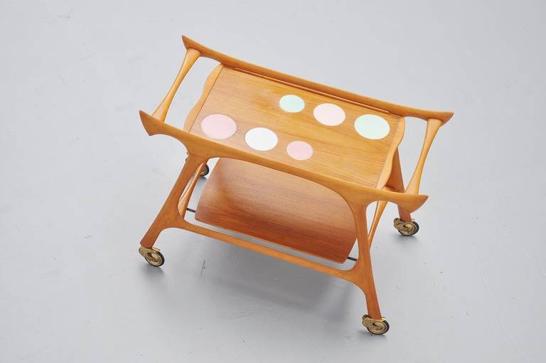 Mid-Century Modern Italian Walnut Tea Cart with Round Ceramic Tiles, 1950