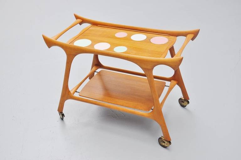 Italian Walnut Tea Cart with Round Ceramic Tiles, 1950 4