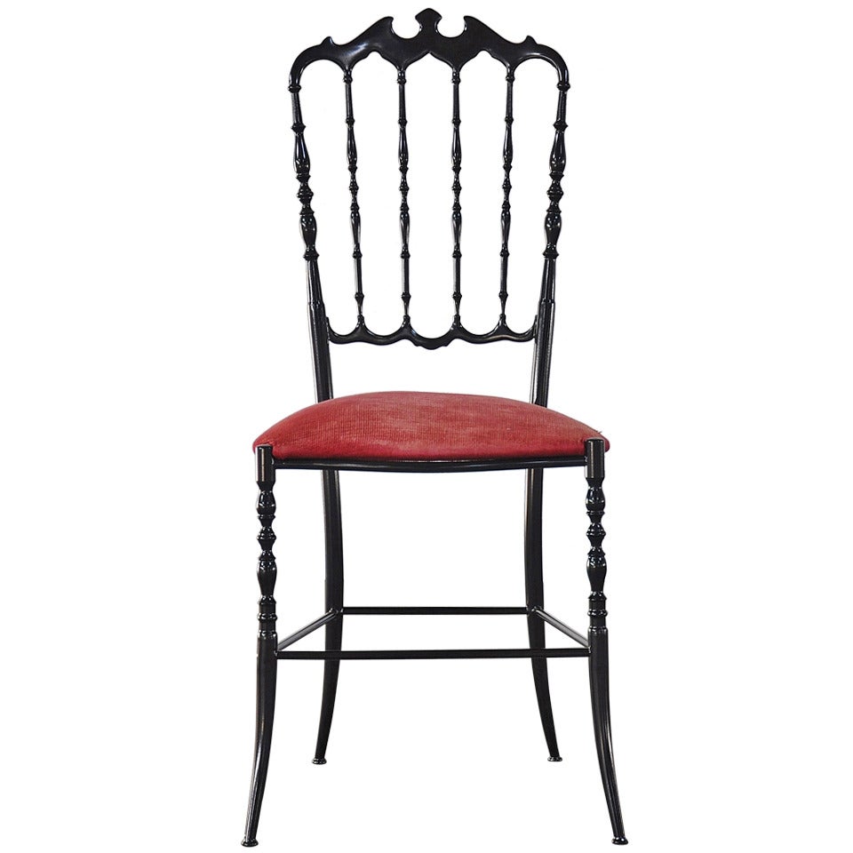 Italian Chiavari Side Chair in Black with Red Upholstery, 1950