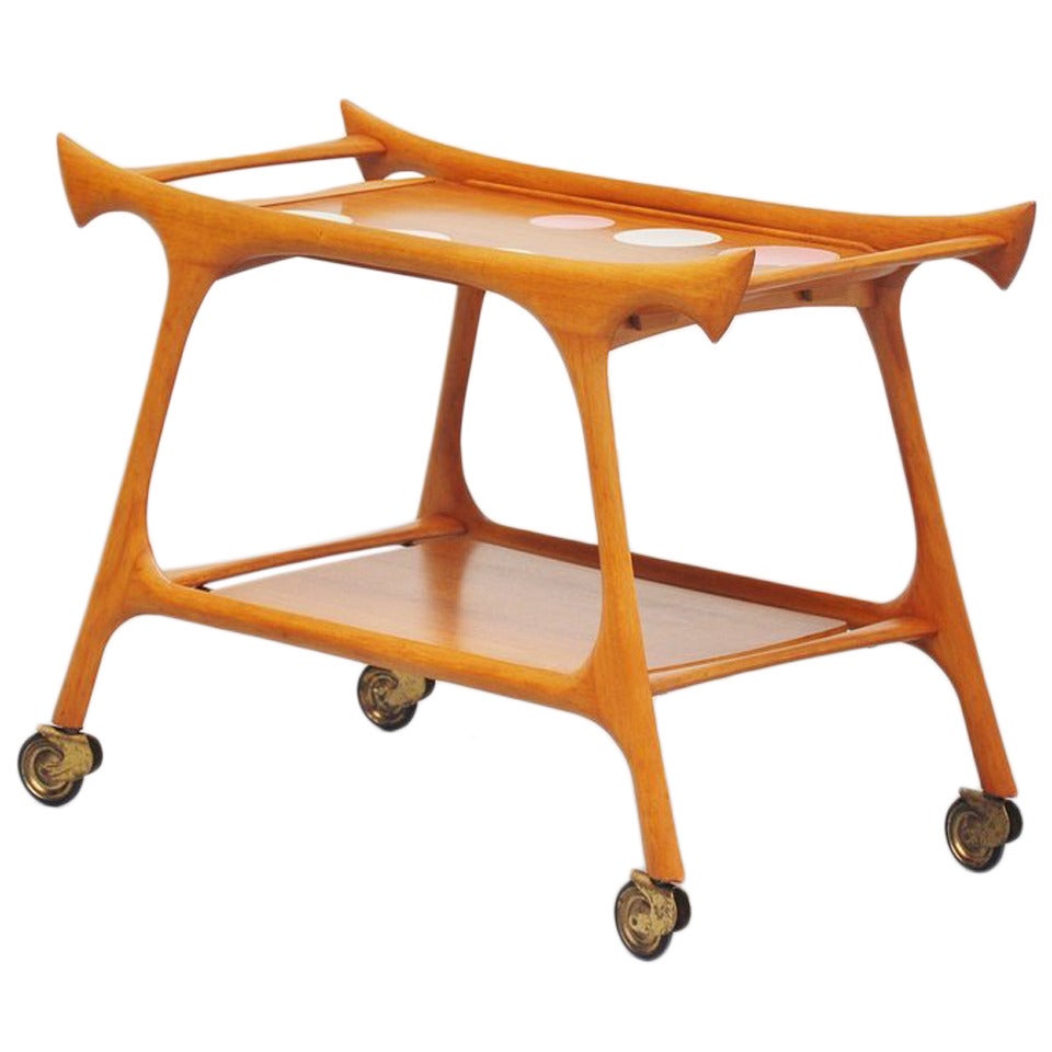 Italian Walnut Tea Cart with Round Ceramic Tiles, 1950