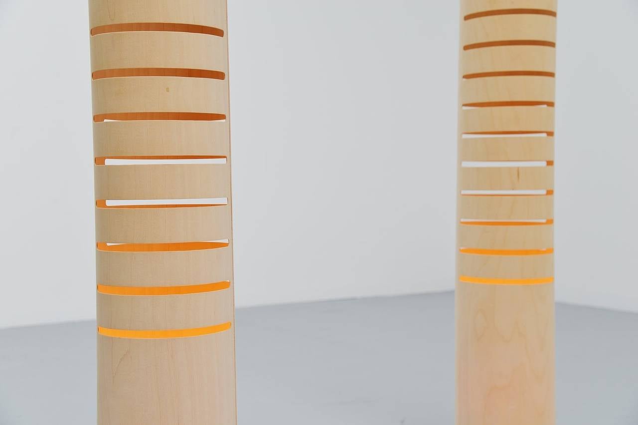 Fantastic pair of floor lamps designed by Ruud Jan Kokke, produced by Kokke Design & Product Oosterbeek, Holland, 1998. These lamps are made of bent beech plywood and they give amazing spherical light when lit. The lamps are no longer in