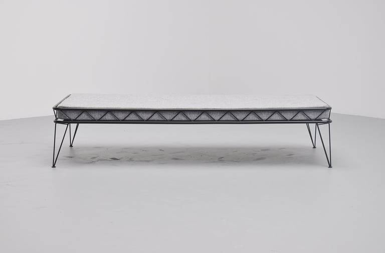 Very nice Industrial daybed model Arielle designed by Wim Rietveld for Auping, Holland 1955. This daybed is professionally black coated like it originally was; we made a new mattress in light grey upholstery. Superb condition and hard to find