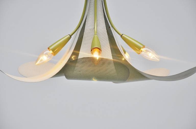 Fantastic shaped ceiling lamp flower shaped with die cut leaves and brass details from France, 1950. Very nicely made lamp by Unknown designer or manufacturer. Die cut leaves with green and white lacquer finish. The lamp has some nice brass details