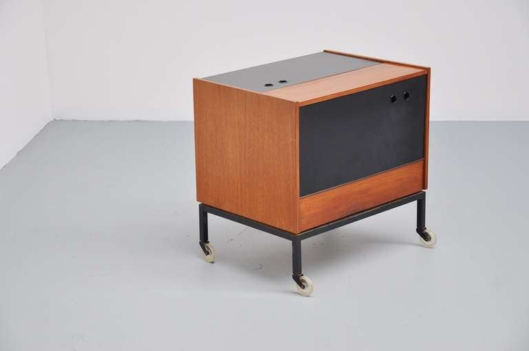 Teak and black liquor cabinet on wheels 1960