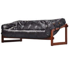 Percival Lafer lounge sofa in teak and leather 1960 Brazil
