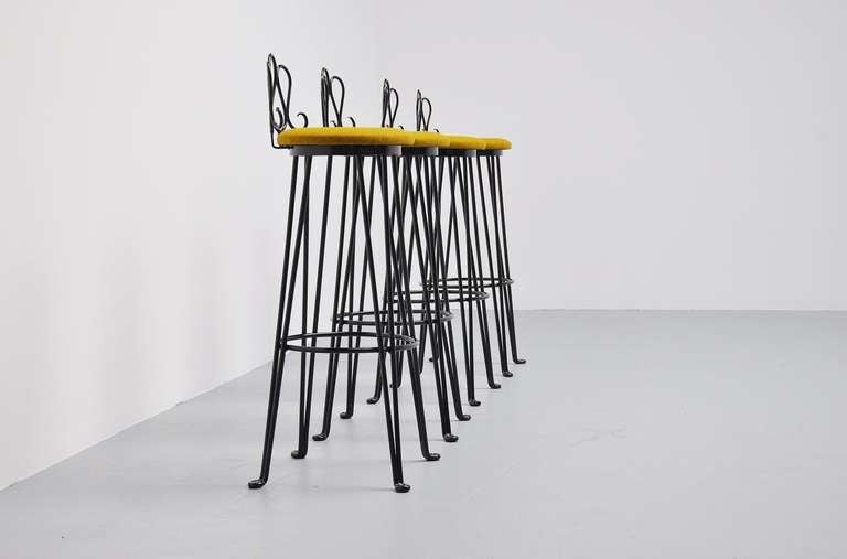 Mid-Century Modern French Wrought Iron Bar Stools 1960 Attributed to Matiheu Mategot